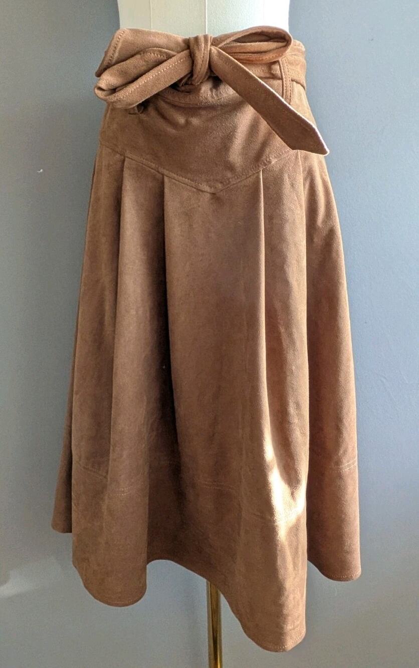 Anthropologie Akemi + Kin Faux Suede Tie Waist A Line Midi Skirt Tan US 8